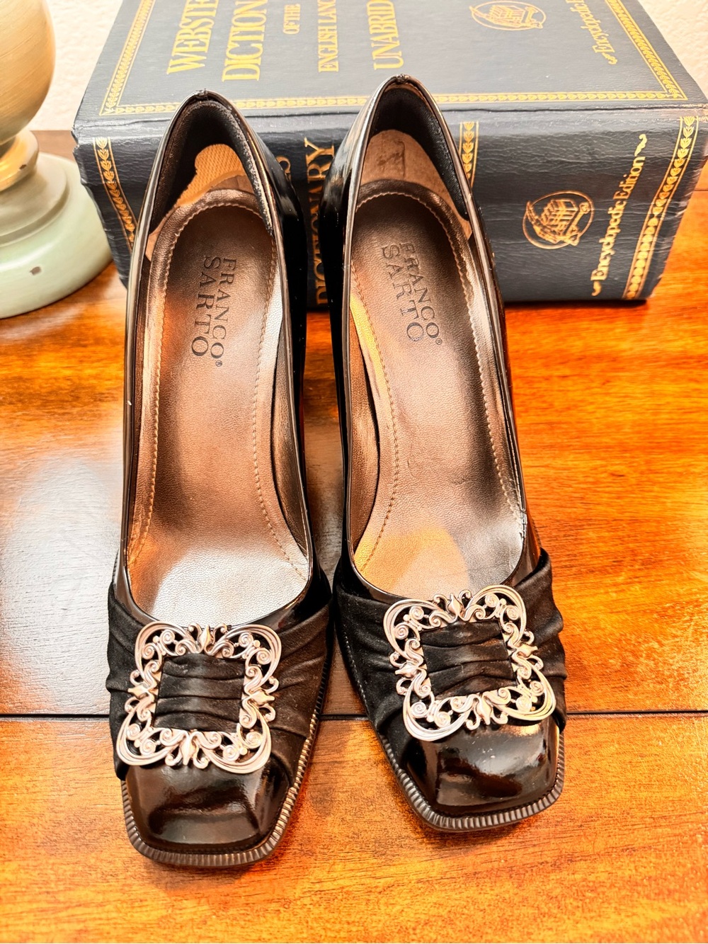 Franco Sarto Black Patent Peep-Toe Heels with Decorative Buckle - Picture 7 of 10